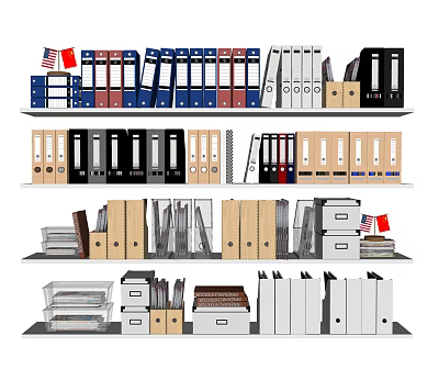 Colorful Office File Folders Arranged On Multiple Shelves With Stacked Documents And Small Flags 3d model