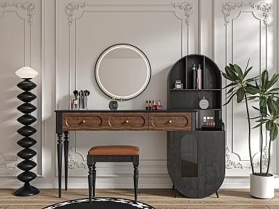 Stylish Dressing Table With Round Mirror Drawers Stool And Potted Plant Decor 3d model