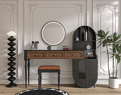 Stylish Dressing Table With Round Mirror Drawers Stool And Potted Plant Decor 3d model