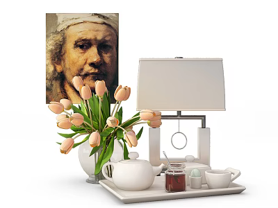 Elegant White Table Lamp With Fresh Tulips And Tea Set On Tray For Home Decor 3d model