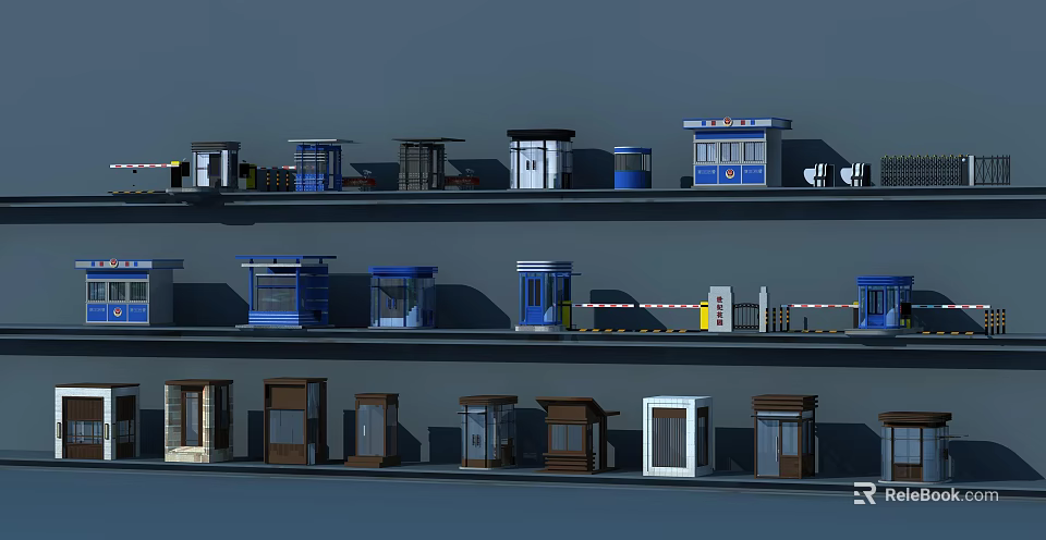 Various Security Booths With Different Designs Displayed On Multiple Layers Shelves 3d model 