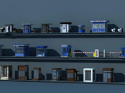 Various Security Booths With Different Designs Displayed On Multiple Layers Shelves 3d model
