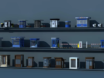 Various Security Booths With Different Designs Displayed On Multiple Layers Shelves 3d model