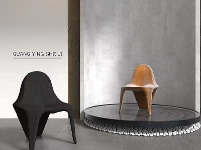 Stylish Black and Brown Leisure Chairs on Circular Platform With Gray Wall Background 3d model