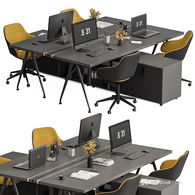 Modern Office Desk Setup With Gray Surface Yellow Chairs Computers And Decor 3d model