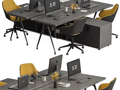 Modern Office Desk Setup With Gray Surface Yellow Chairs Computers And Decor 3d model