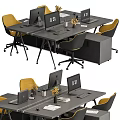 Modern Office Desk Setup With Gray Surface Yellow Chairs Computers And Decor 3d model