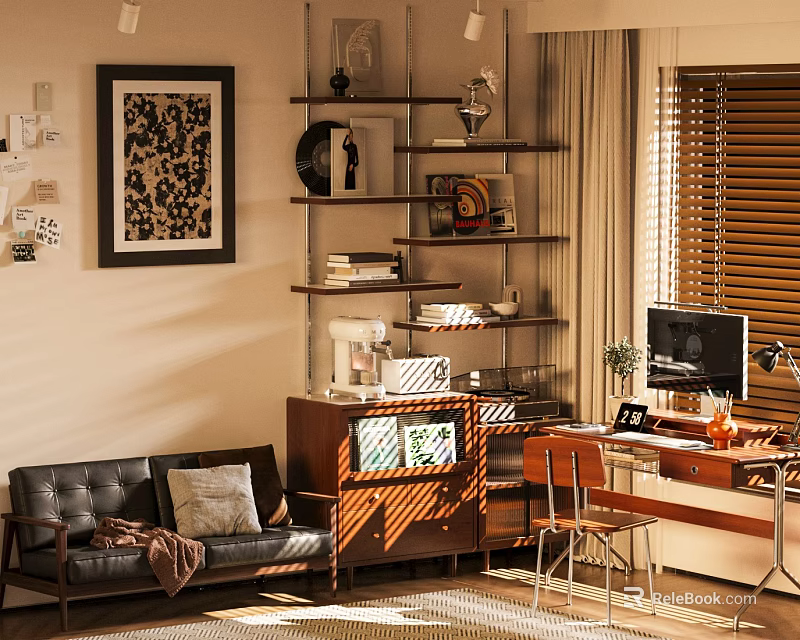 Bright Home Office Interior With Sunlight Framed Art Leather Sofa Shelves And Computer Desk 3d model 