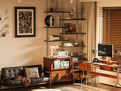 Bright Home Office Interior With Sunlight Framed Art Leather Sofa Shelves And Computer Desk 3d model