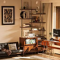 Bright Home Office Interior With Sunlight Framed Art Leather Sofa Shelves And Computer Desk