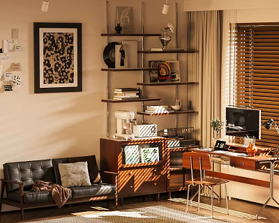 Bright Home Office Interior With Sunlight Framed Art Leather Sofa Shelves And Computer Desk 3d model