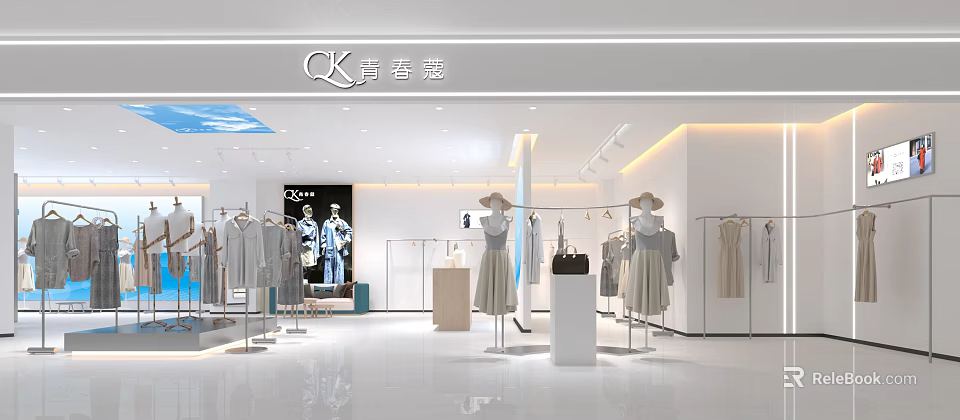Bright Modern Clothing Store Interior With White Racks Mannequins Dresses And Handbags 3d model 