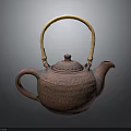 Reddish Brown Teapot With Woven Texture Bamboo Handle Round Lid And Curved Spout