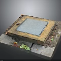 Square Metal Manhole Cover On Concrete Base With Fallen Leaves And Dirt