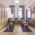 Yoga Studio Fitness Workout People Practicing Yoga On Mats With Mirrors And Plants