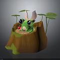 Cute Green Frog with Wings in Tree Stump Surrounded by Lotus Leaves Holding Red Star