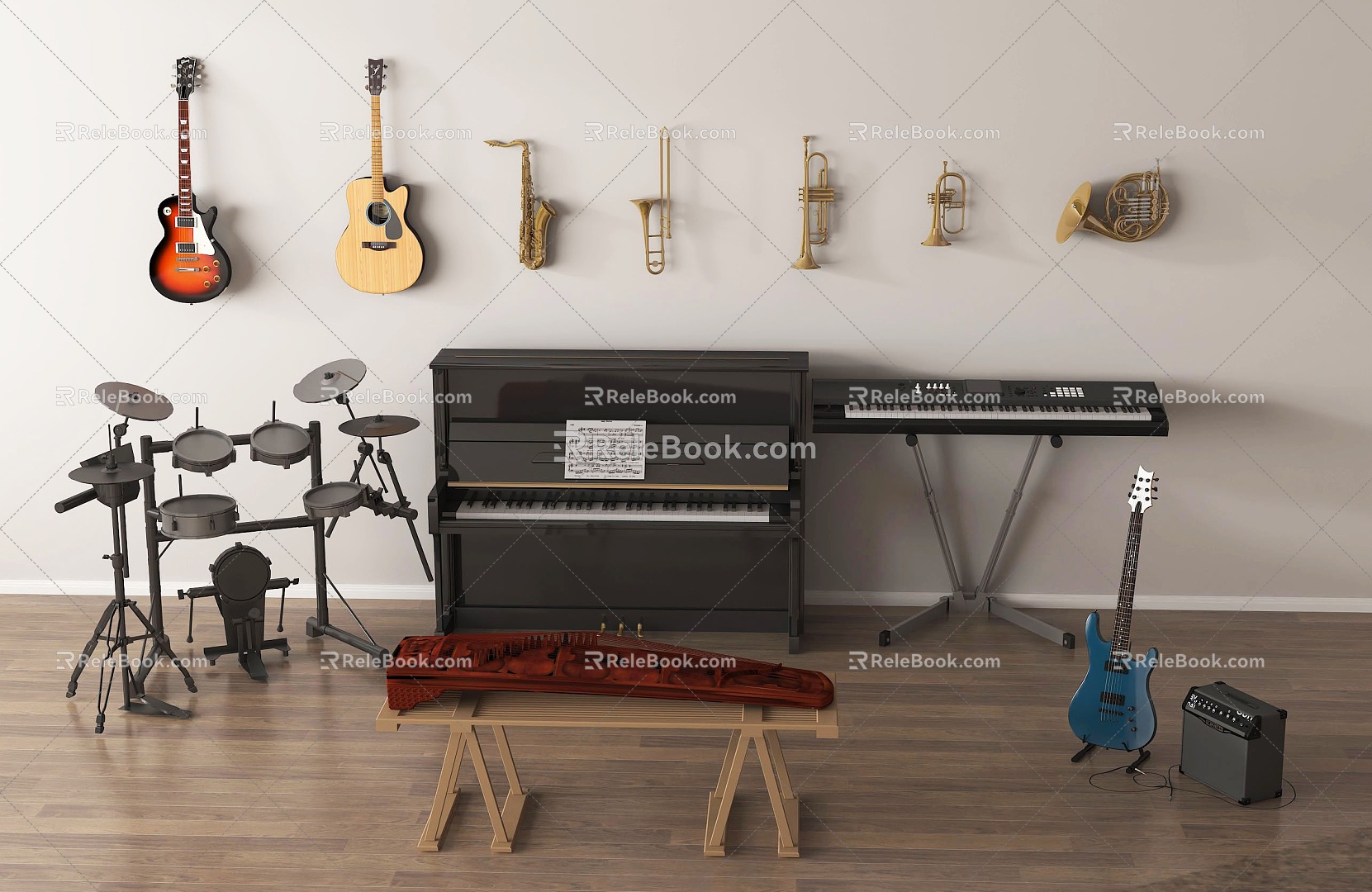 Musical Instruments Modern Music Room Recreation Room Guitar Piano Guzheng 3d model