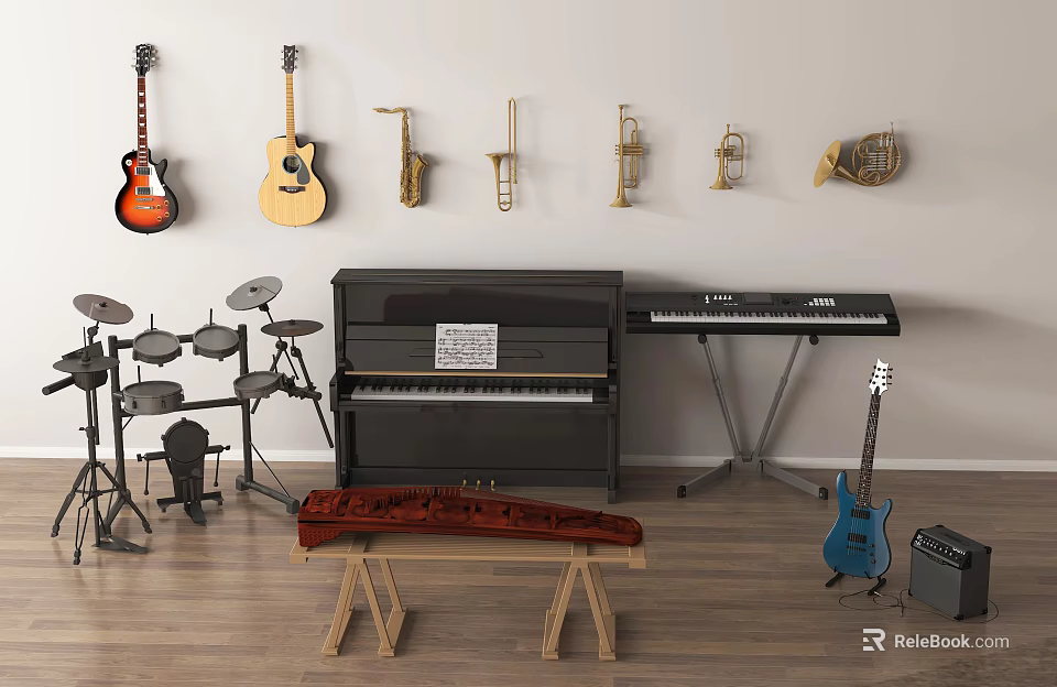 Musical Instruments And Art Supplies Collection In Creative Display Room Setup 3d model 