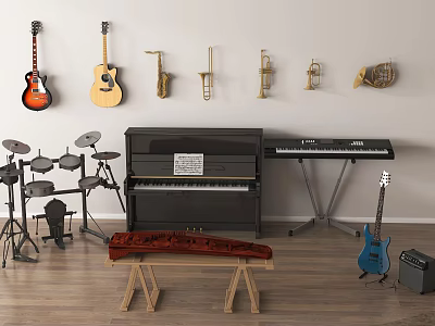 Musical Instruments And Art Supplies Collection In Creative Display Room Setup 3d model