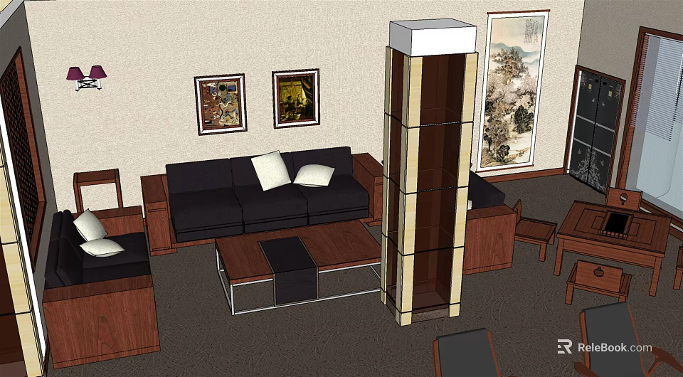 Office Interior With Black Sofa White Cushions Wooden Coffee Table Display Cabinet And Wall Paintings 3d model 