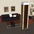 Office Interior With Black Sofa White Cushions Wooden Coffee Table Display Cabinet And Wall Paintings