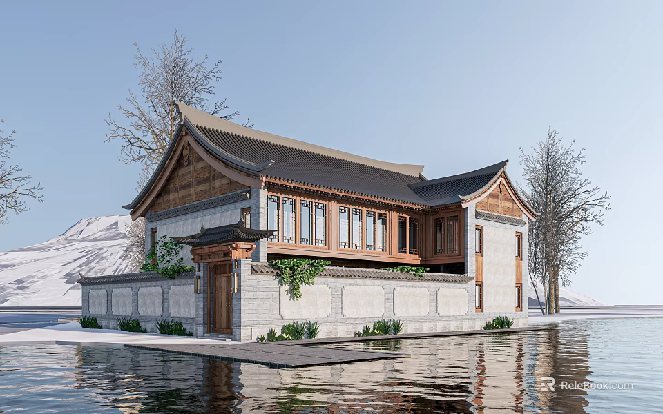 Traditional Chinese Style Rural Self Built House By Water With Stone Wall And Green Plants 3d model 