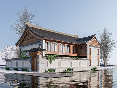 Traditional Chinese Style Rural Self Built House By Water With Stone Wall And Green Plants 3d model