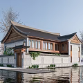 Traditional Chinese Style Rural Self Built House By Water With Stone Wall And Green Plants