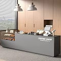 Modern Coffee Shop Cashier Counter With Display Items And Hanging Lights