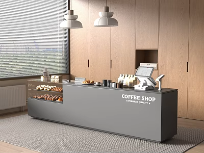 Modern Coffee Shop Cashier Counter With Display Items And Hanging Lights 3d model