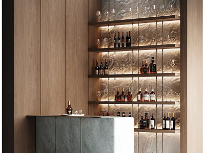 Elegant Modern Wine Cabinet With Wooden Shelves Stone Counter Illuminated Wine Bottles And Glasses 3d model