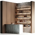 Elegant Modern Wine Cabinet With Wooden Shelves Stone Counter Illuminated Wine Bottles And Glasses