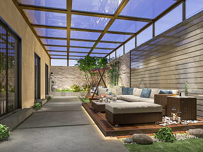 Modern Courtyard Garden With Glass Roof Wooden Sofa Stone Wall And Green Plants 3d model