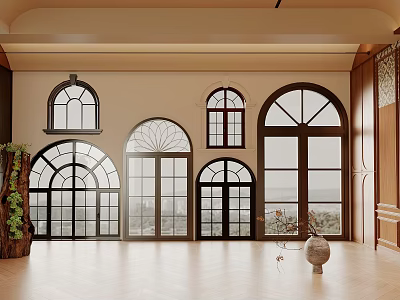 Elegant Living Space With Various Arched Floor To Ceiling Windows 3d model