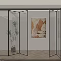 Modern Interior With Glass Folding Doors Black Frames Artwork And Wooden Floor