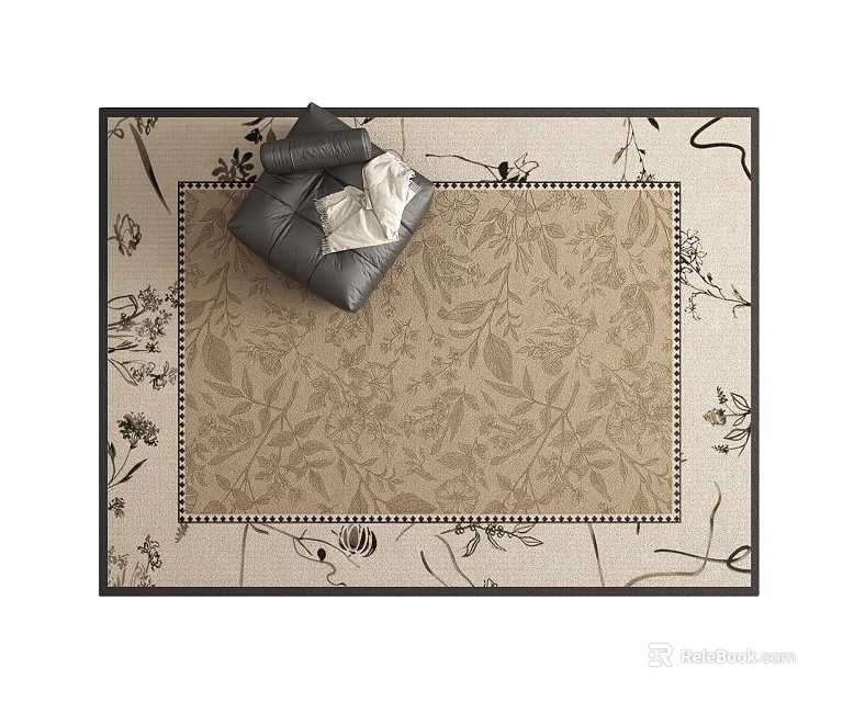 Square Rug With Floral Leaf Pattern Black Border Decorative Pillow And Cloth On Top 3d model 