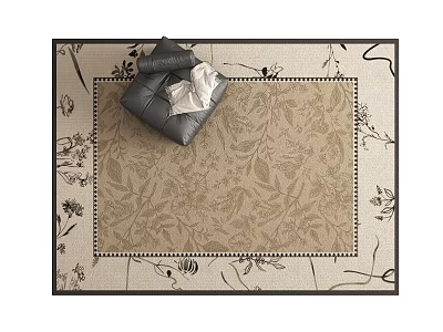 Square Rug With Floral Leaf Pattern Black Border Decorative Pillow And Cloth On Top 3d model