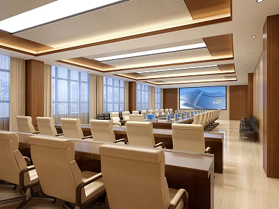 Modern Conference Room Interior With Arranged Tables Chairs Large Screen And Wooden Decor 3d model