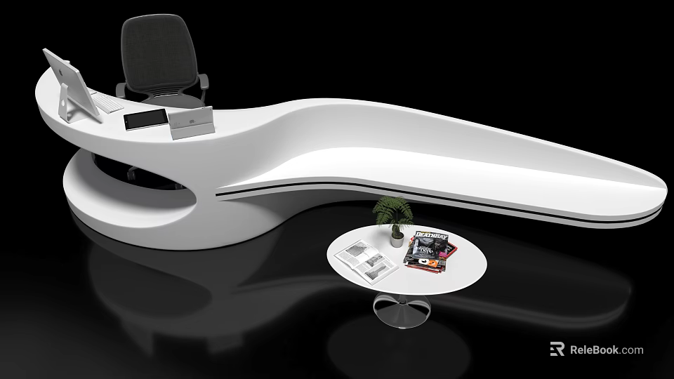 Modern White Reception Desk With Sleek Design Black Chair Round Table Potted Plant And Magazines 3d model 