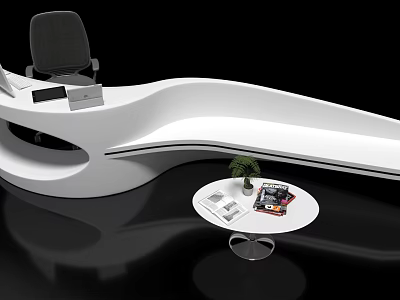 Modern White Reception Desk With Sleek Design Black Chair Round Table Potted Plant And Magazines 3d model