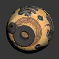 Sculpted Ceramic Vase With Black Figure Decoration Yellow Body And Brown Handle