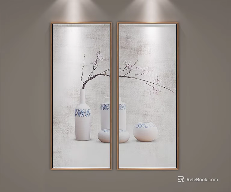 Two Symmetrical Wall Paintings With White Vases Blue White Patterns Branches Flowers On Light Background 3d model 