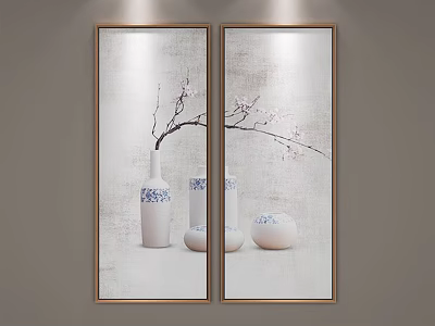 Two Symmetrical Wall Paintings With White Vases Blue White Patterns Branches Flowers On Light Background 3d model