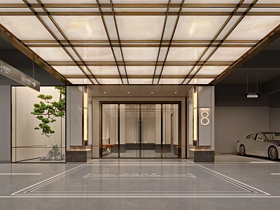 Modern Parking Lot Entrance With Glass Doors Grille Ceiling Green Plant And White Car 3d model