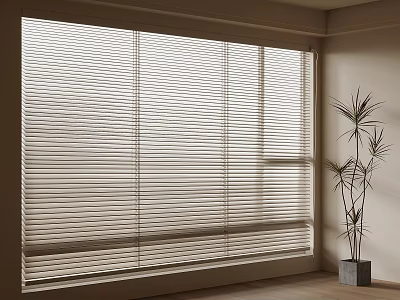 Light Colored Window Blinds in Modern Room Interior with Potted Plant and Wooden Floor 3d model
