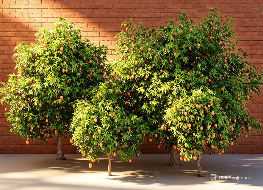 Lush Fruit Trees With Orange Fruits Against Red Brick Wall And Green Leaves 3d model 