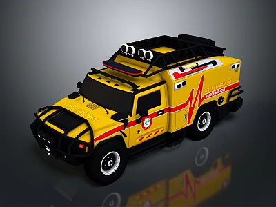 Yellow Emergency Rescue Vehicle With Red Stripes And Roof Mounted Equipment 3d model