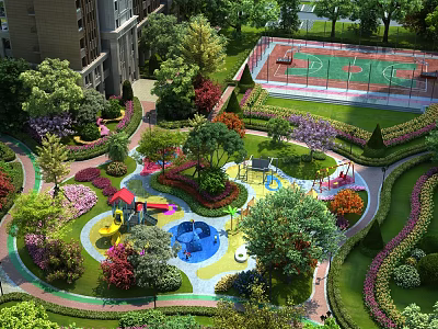 Lush Green Public Square Landscape With Playground Basketball Court And Colorful Flowers 3d model