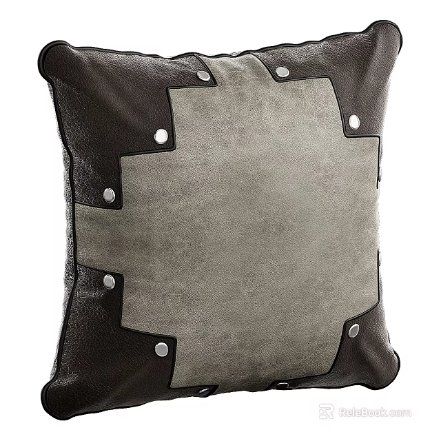 Leather and Suede Patchwork Throw Pillow with Metal Rivet Accent Design 3d model
