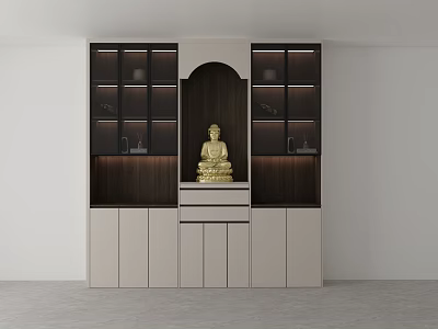 Modern Wooden And White Buddhist Shrine Cabinet With Golden Buddha Statue Glass Display Cabinets 3d model